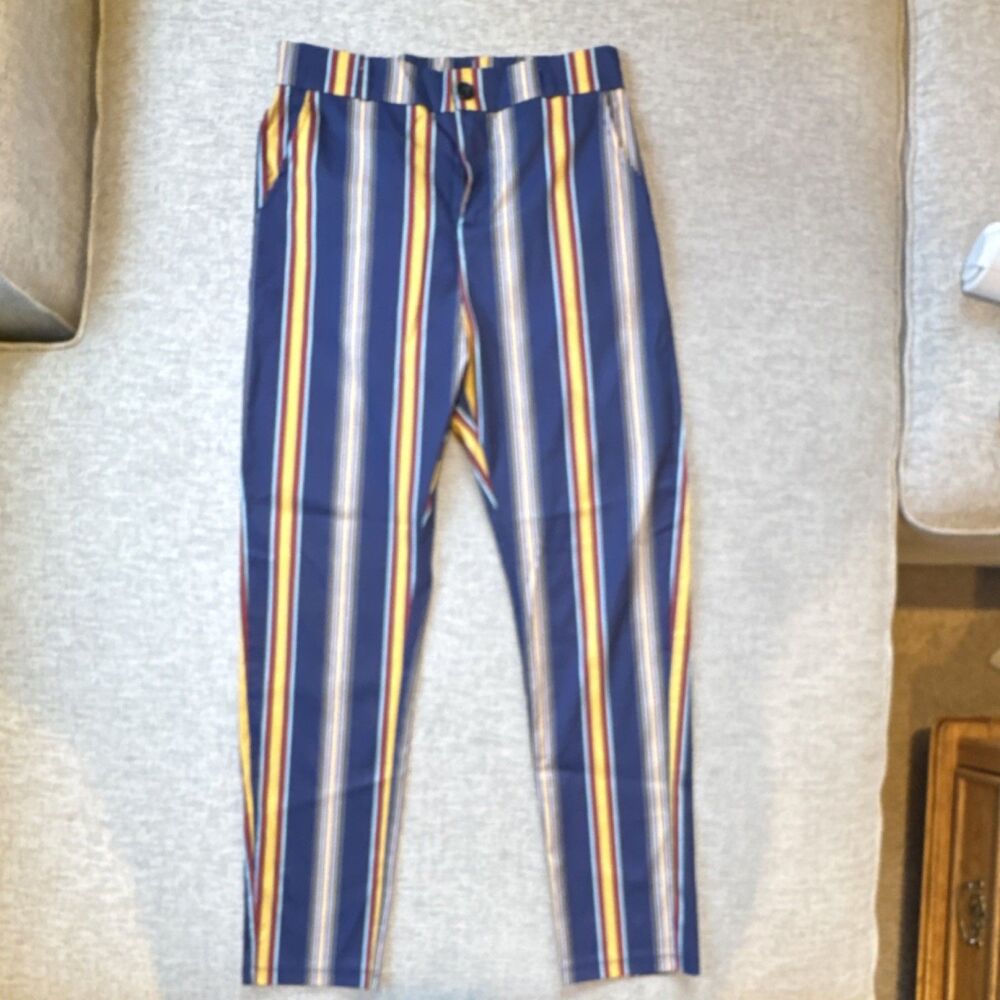 Lars Amadeus Striped Pants Elastic Waist Pockets Blue Yellow Red size 30
